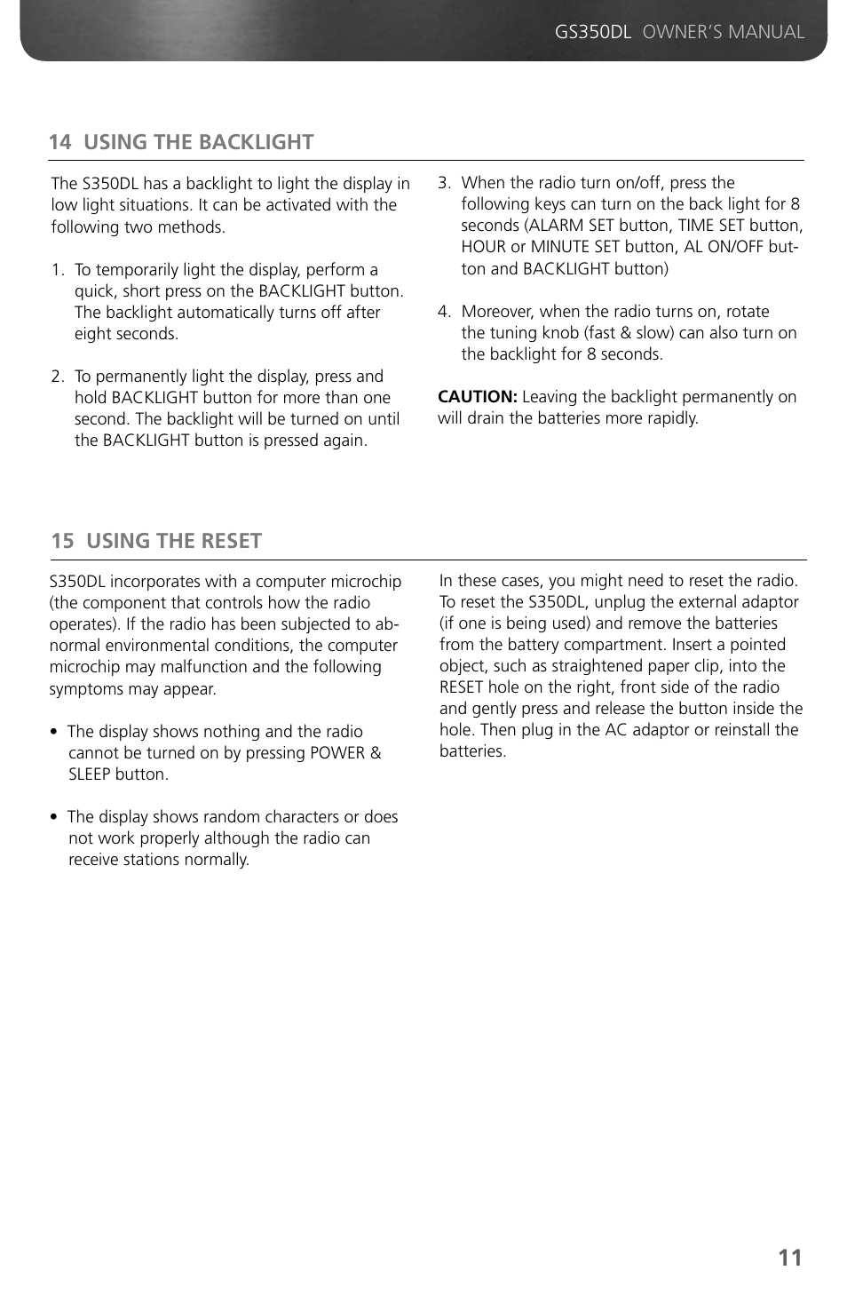 14 using the backlight, 15 using the reset | Grundig GS350DL User Manual | Page 13 / 21