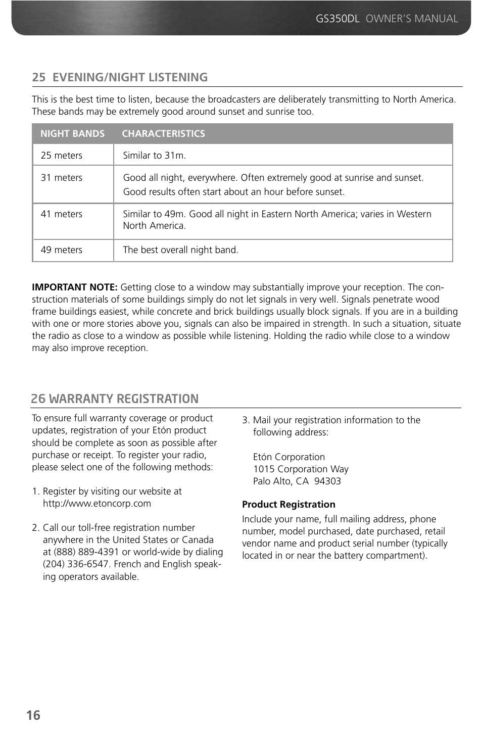 25 evening/night listening, 26 warranty registration | Grundig GS350DL User Manual | Page 18 / 21