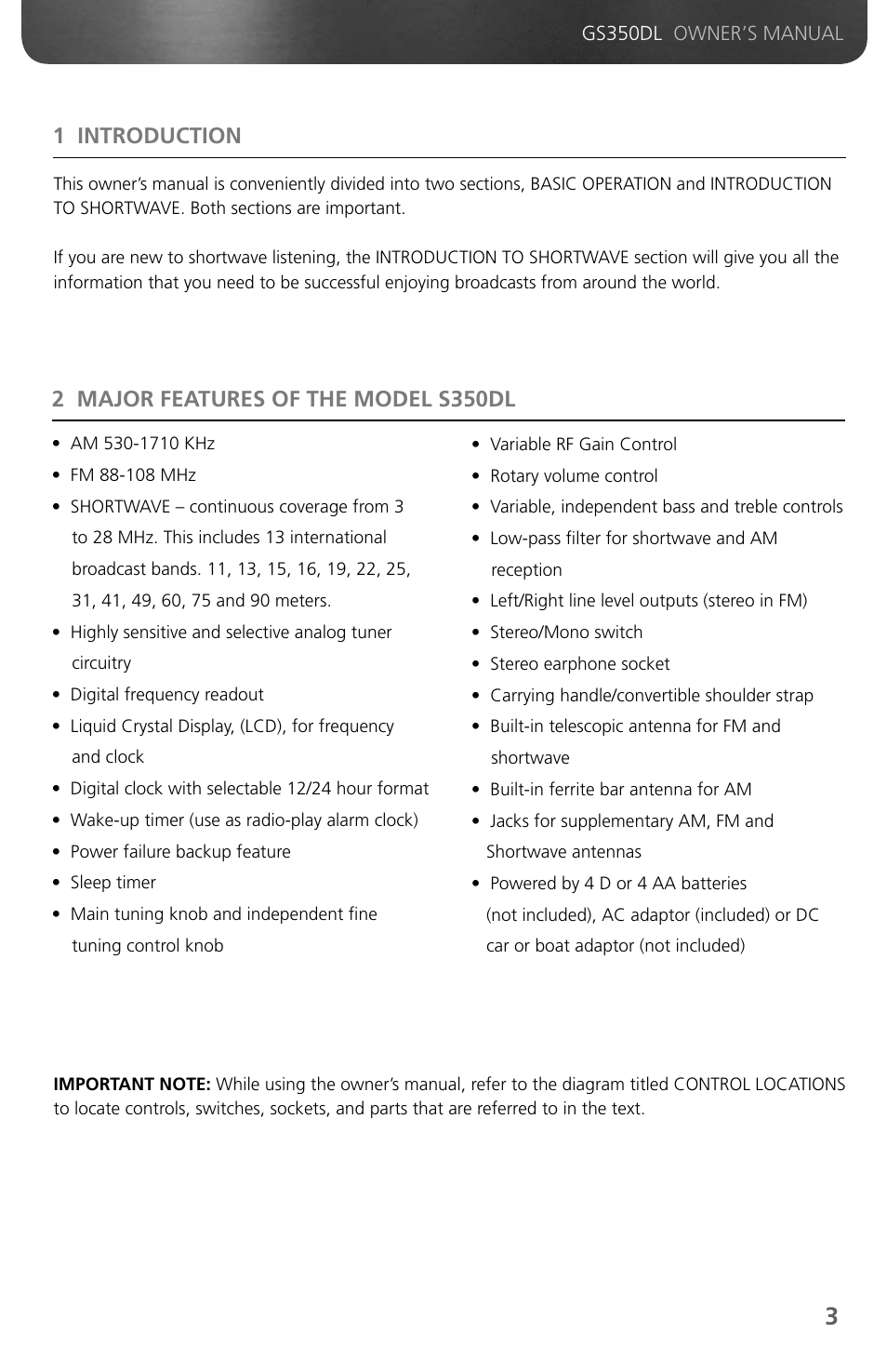 1 introduction, 2 major features of the model s350dl | Grundig GS350DL User Manual | Page 5 / 21