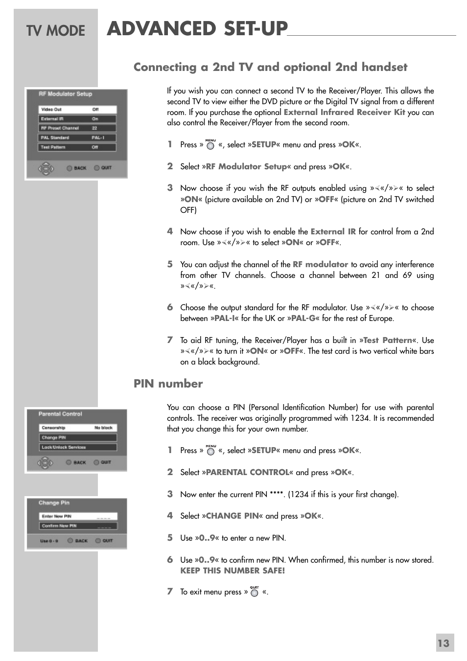 Advanced set-up, Tv mode, Connecting a 2nd tv and optional 2nd handset | Pin number | Grundig DUO GRP6000 User Manual | Page 13 / 48