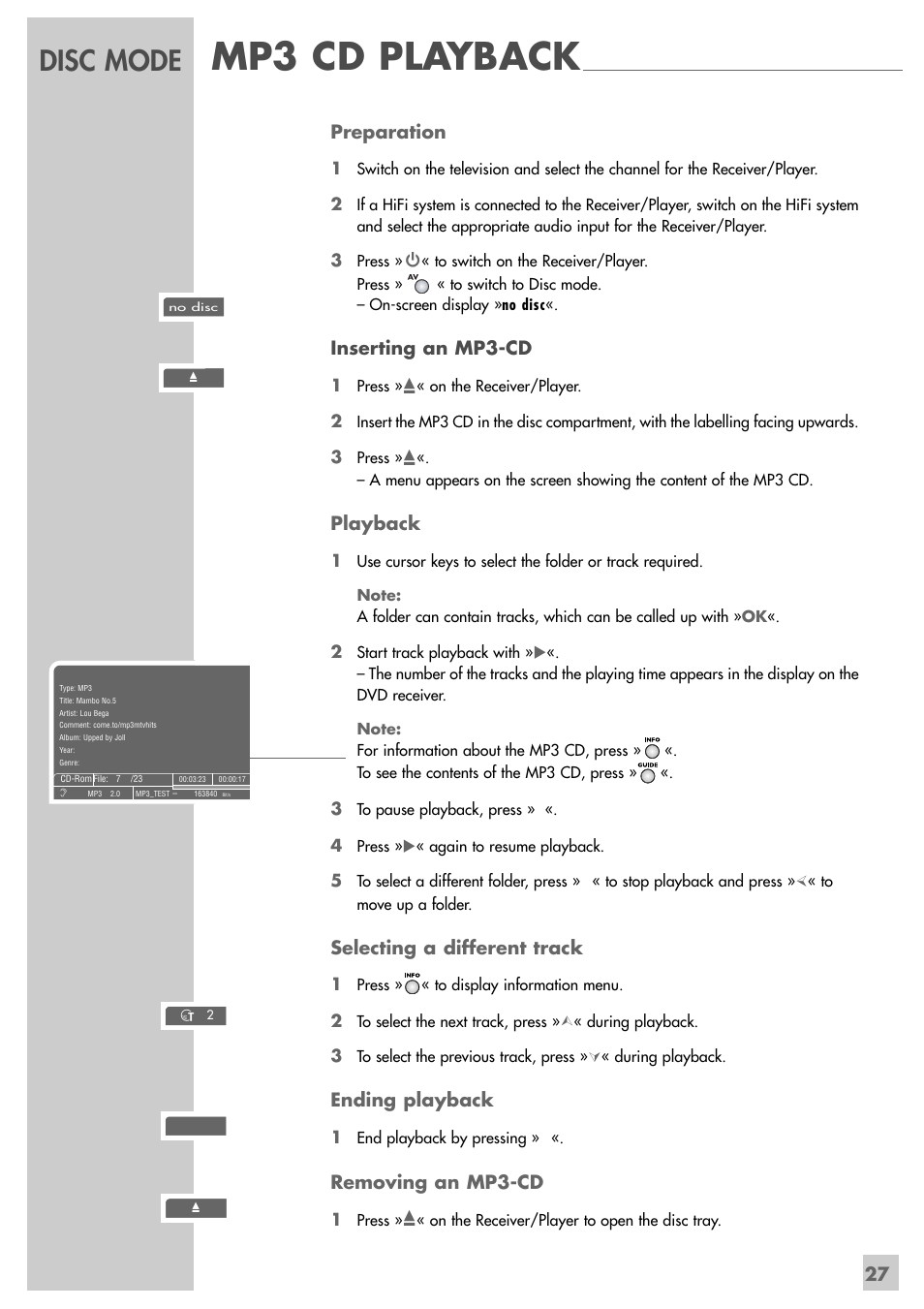 Mp3 cd playback, Disc mode, Preparation | Inserting an mp3-cd, Playback, Selecting a different track, Ending playback, Removing an mp3-cd | Grundig DUO GRP6000 User Manual | Page 27 / 48