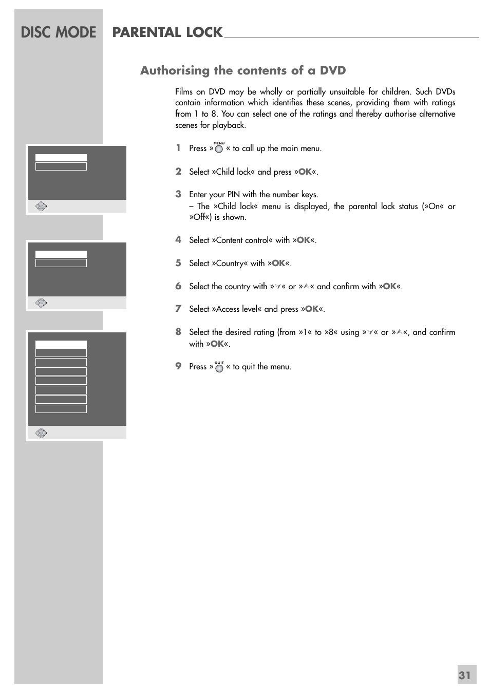 Disc mode, Parental lock, Authorising the contents of a dvd | Grundig DUO GRP6000 User Manual | Page 31 / 48