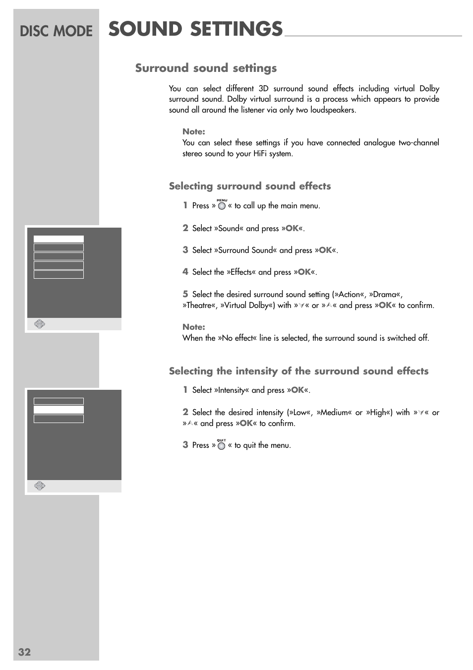 Sound settings, Disc mode, Surround sound settings | Selecting surround sound effects | Grundig DUO GRP6000 User Manual | Page 32 / 48