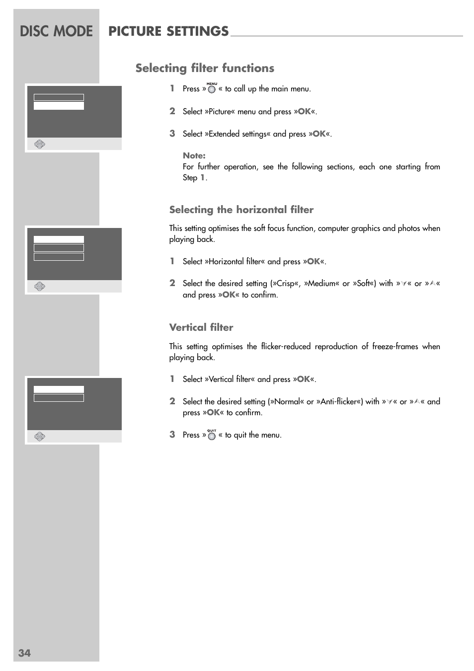 Disc mode, Picture settings, Selecting filter functions | Selecting the horizontal filter, Vertical filter | Grundig DUO GRP6000 User Manual | Page 34 / 48