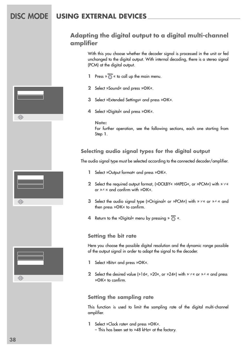 Disc mode, Using external devices, Setting the bit rate | Setting the sampling rate | Grundig DUO GRP6000 User Manual | Page 38 / 48