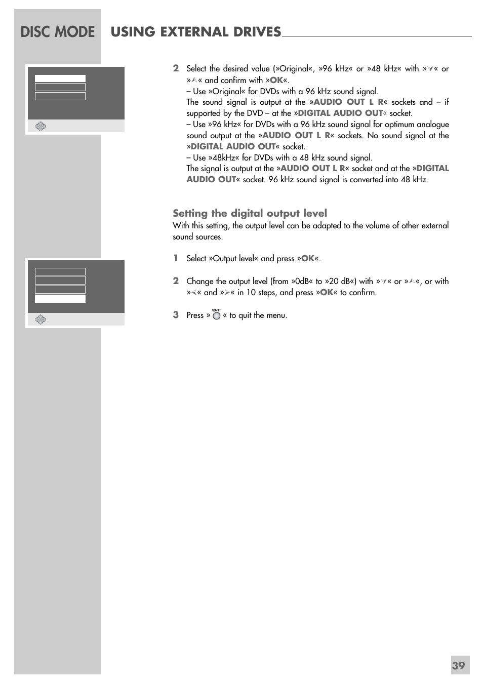 Disc mode, Using external drives, Setting the digital output level | Grundig DUO GRP6000 User Manual | Page 39 / 48