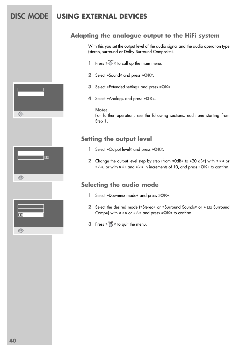 Disc mode, Using external devices, Adapting the analogue output to the hifi system | Setting the output level, Selecting the audio mode | Grundig DUO GRP6000 User Manual | Page 40 / 48