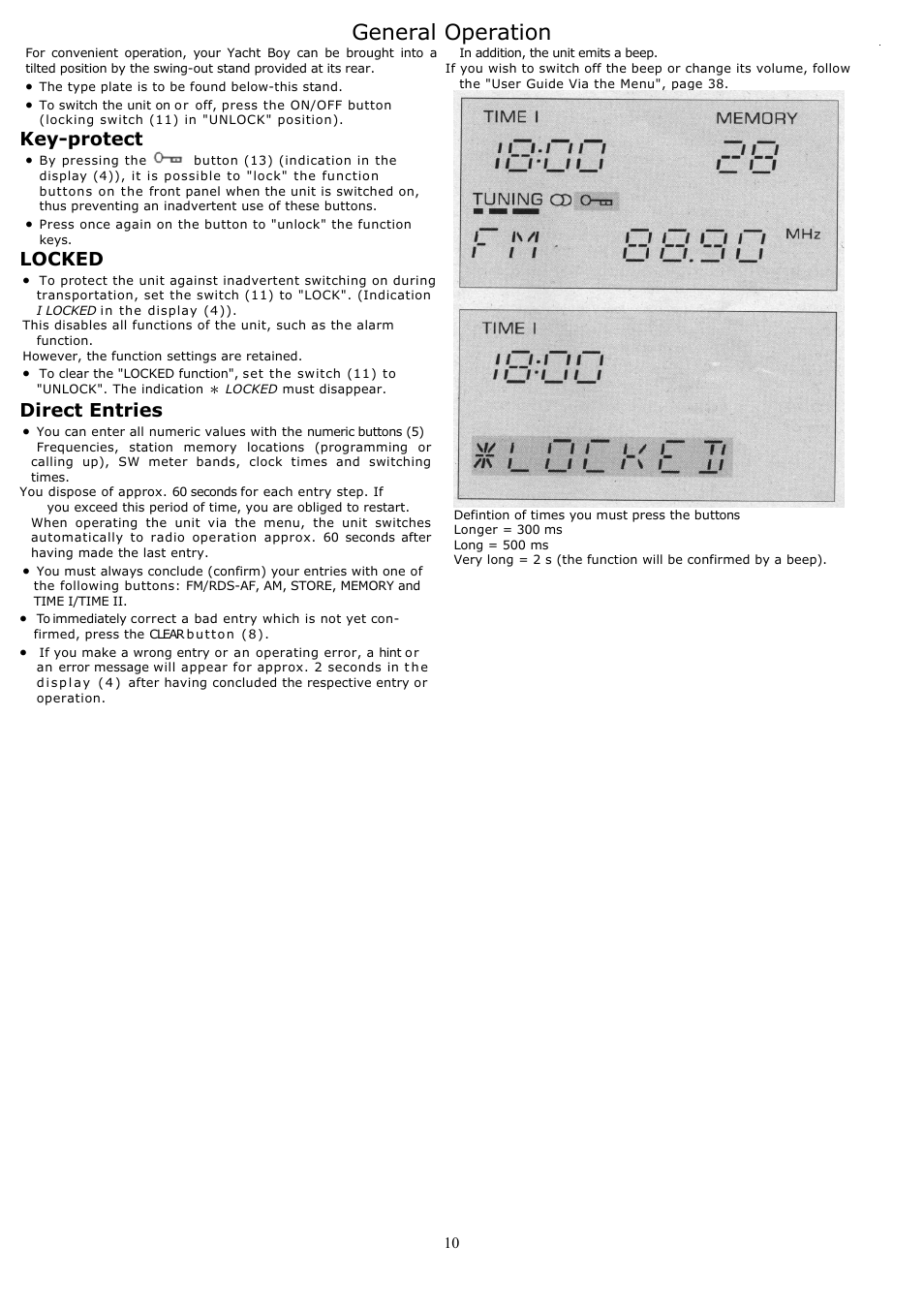 General operation, Key-protect, Locked | Direct entries | Grundig YB500 User Manual | Page 10 / 29
