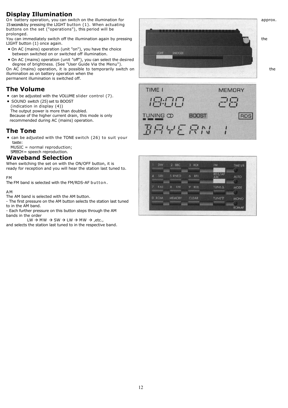 Display illumination, The volume, The tone | Waveband selection | Grundig YB500 User Manual | Page 12 / 29