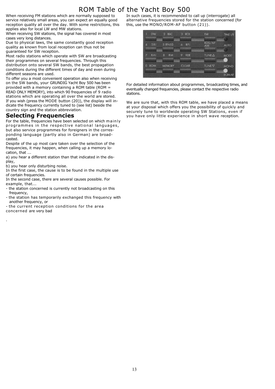 Rom table of the yacht boy 500, Selecting frequencies | Grundig YB500 User Manual | Page 13 / 29