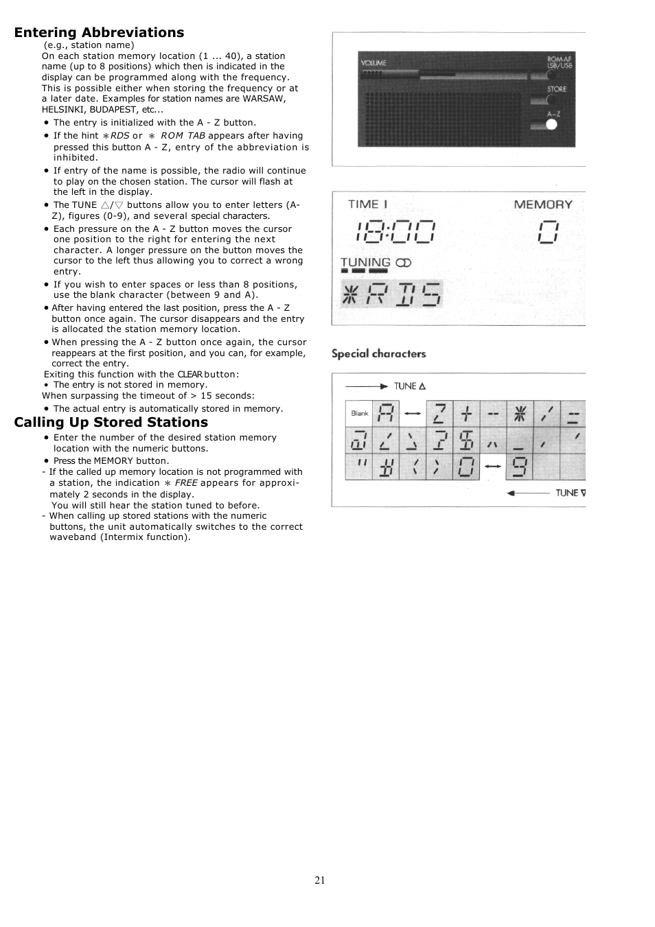 Entering abbreviations, Calling up stored stations | Grundig YB500 User Manual | Page 21 / 29