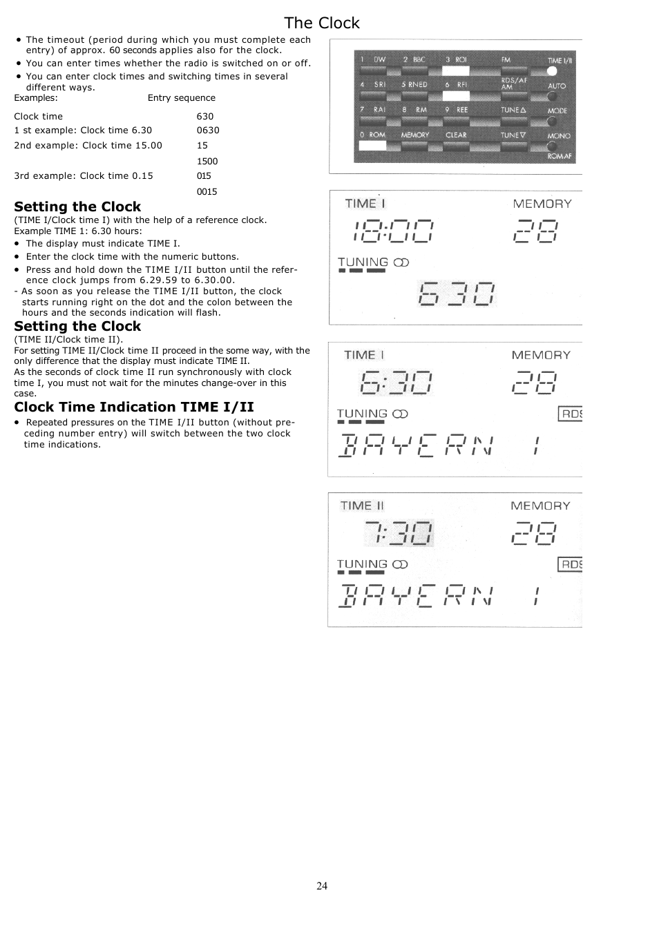The clock, Setting the clock, Clock time indication time i/ii | Grundig YB500 User Manual | Page 24 / 29