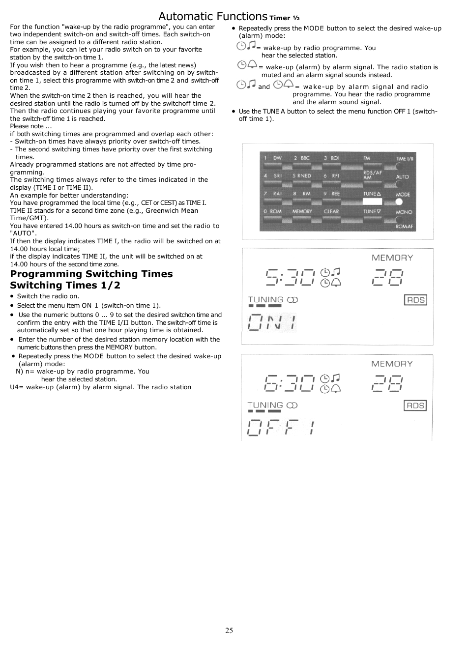 Automatic functions, Programming switching times switching times 1/2 | Grundig YB500 User Manual | Page 25 / 29