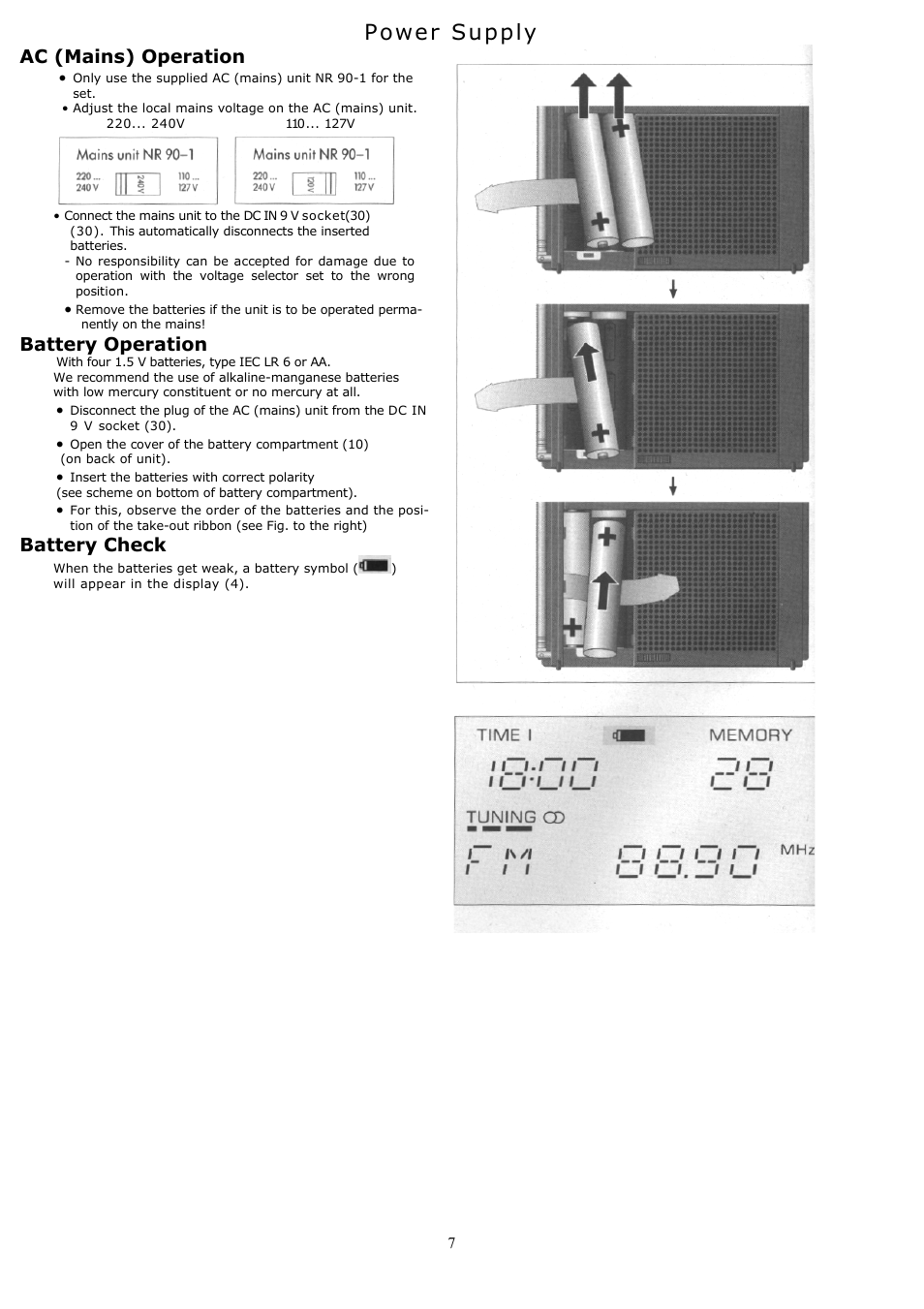 Power supply, Ac (mains) operation, Battery operation | Battery check | Grundig YB500 User Manual | Page 7 / 29