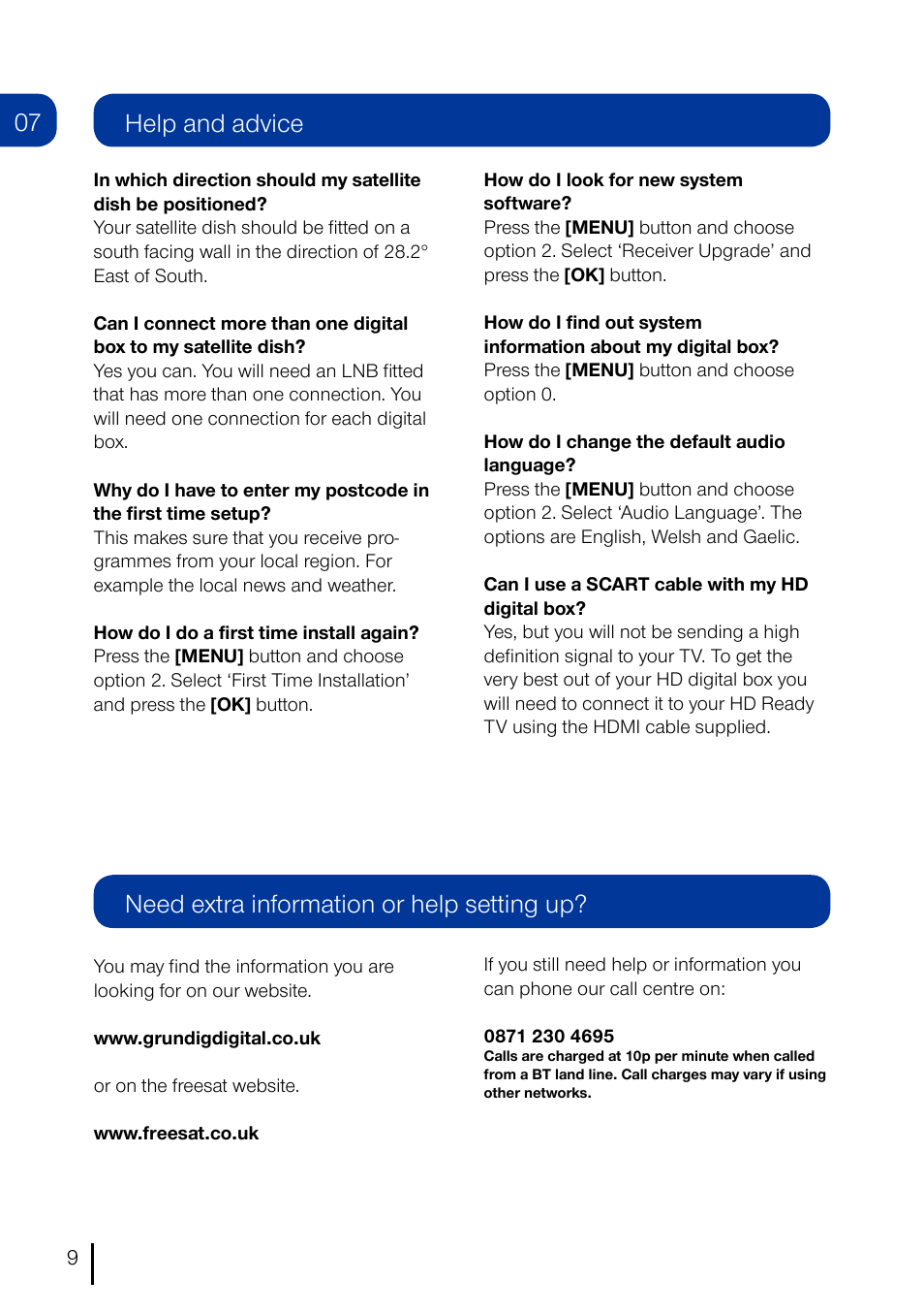 Help and advice, Need extra information or help setting up | Grundig GUFSAT01HD User Manual | Page 10 / 12