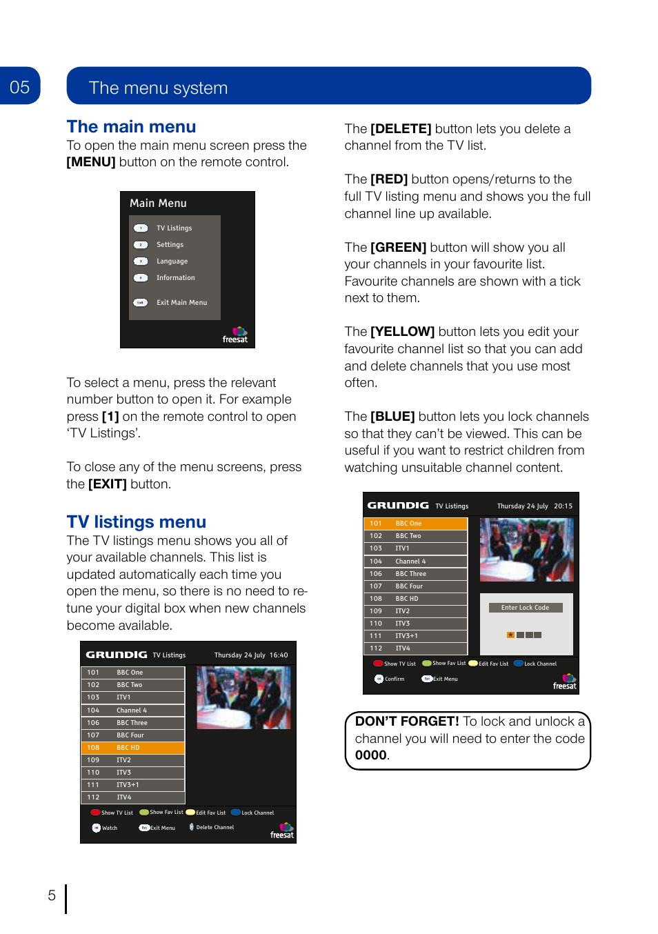 The menu system the main menu, Tv listings menu | Grundig GUFSAT01HD User Manual | Page 6 / 12
