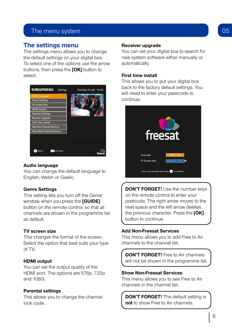 The menu system the settings menu | Grundig GUFSAT01HD User Manual | Page 7 / 12