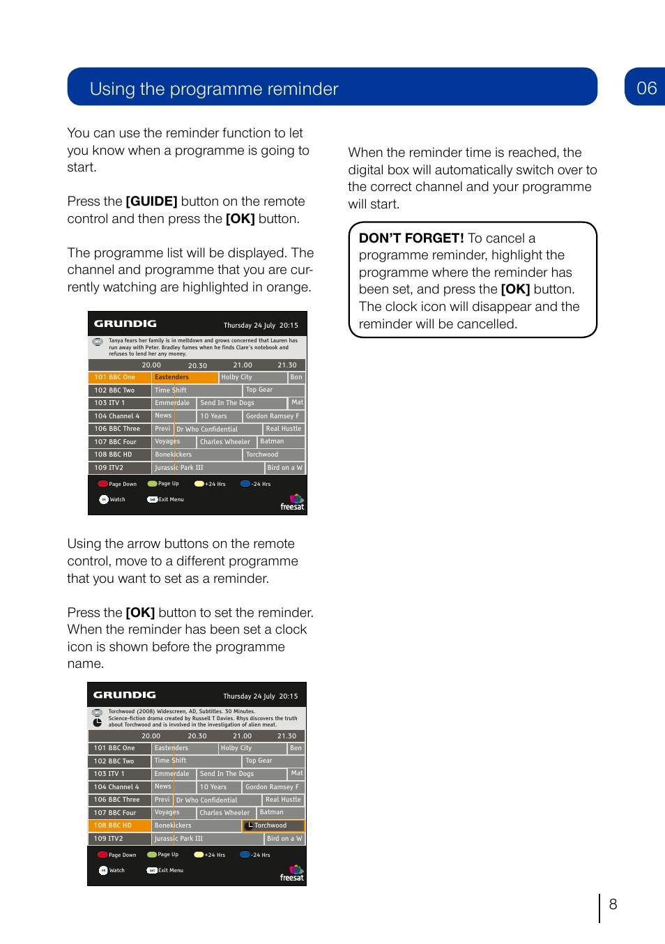 Using the programme reminder | Grundig GUFSAT01HD User Manual | Page 9 / 12