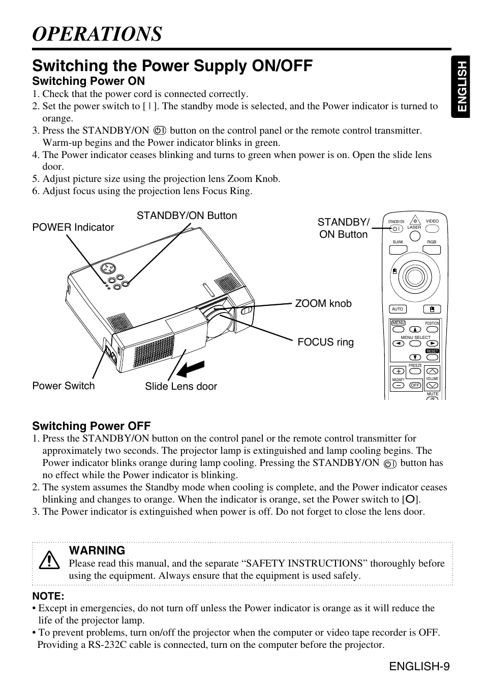 Operations, Switching the power supply on/off, English-9 english | Switching power on, Switching power off, Warning | Grundig CP-731i User Manual | Page 10 / 39