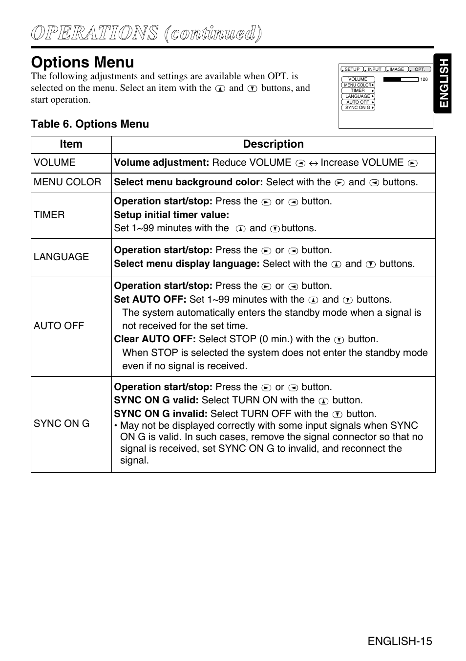 Options menu | Grundig CP-731i User Manual | Page 16 / 39