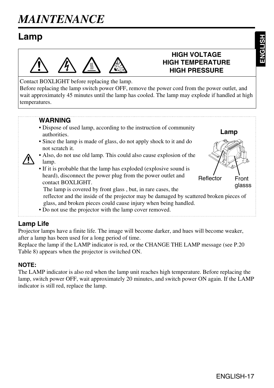 Maintenance, Lamp | Grundig CP-731i User Manual | Page 18 / 39