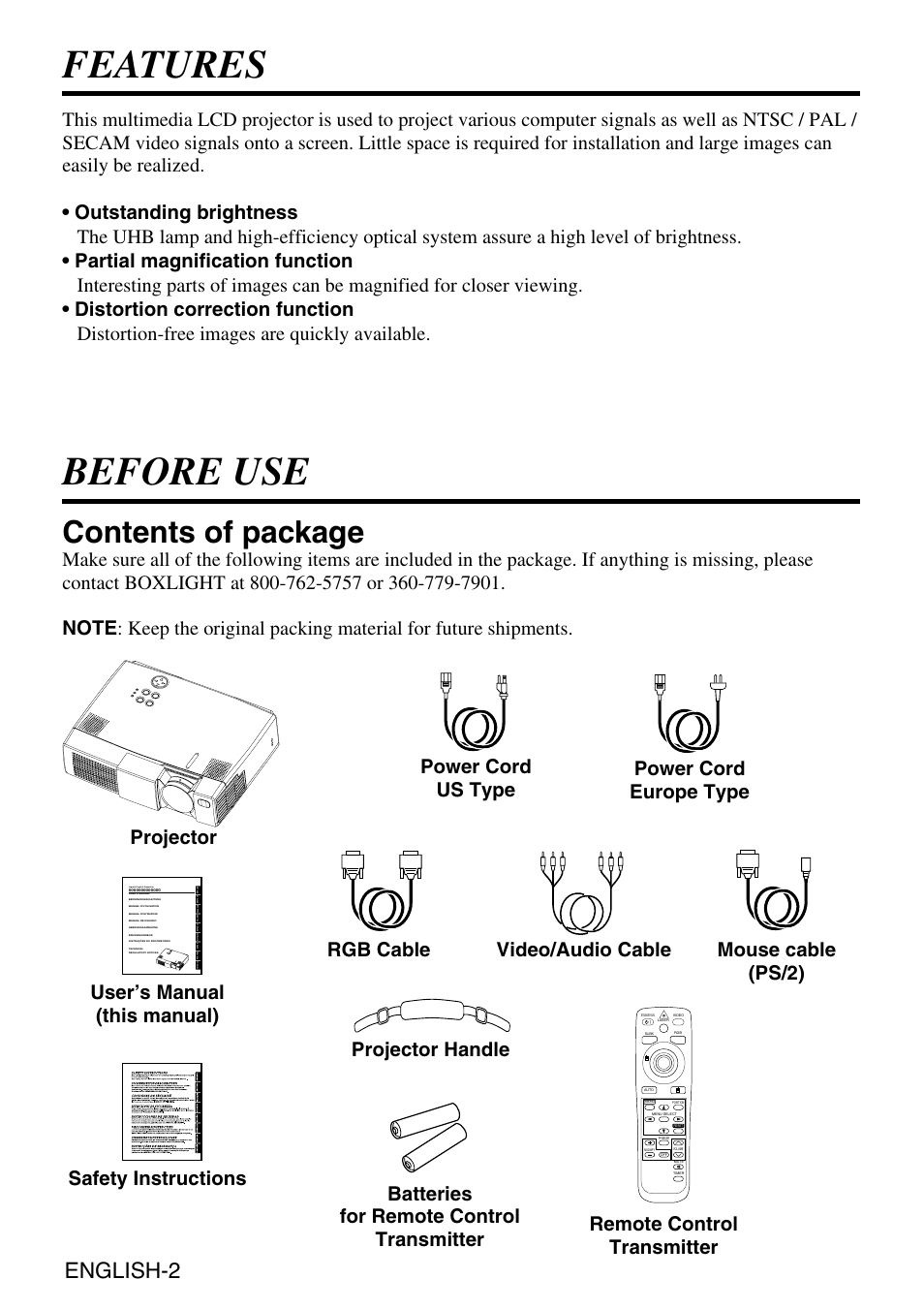 Features, Before use, Contents of package | English-2 | Grundig CP-731i User Manual | Page 3 / 39