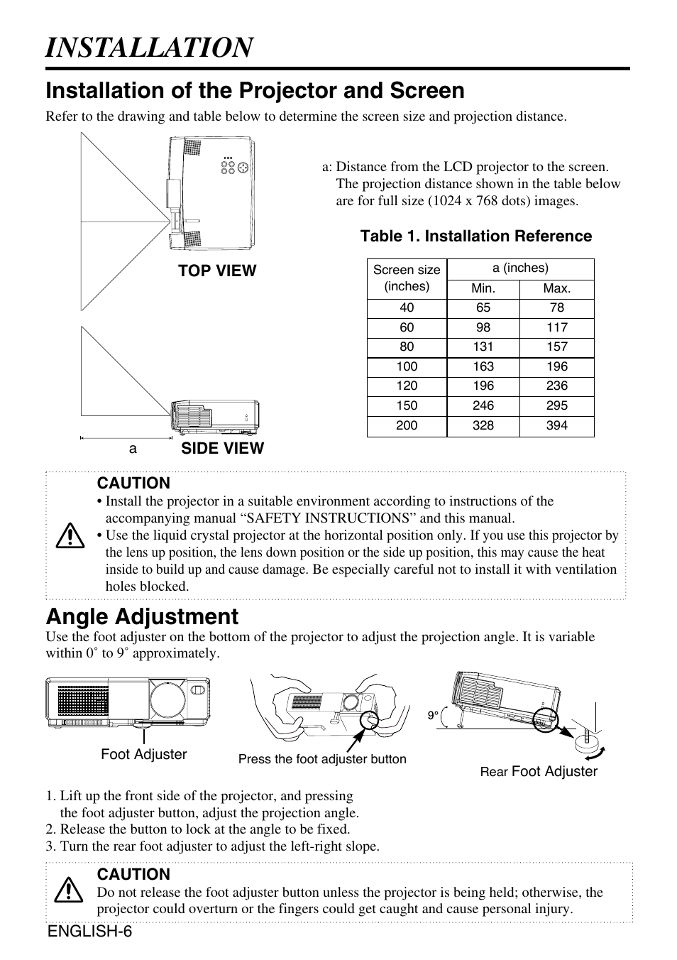 Installation, Installation of the projector and screen, Angle adjustment | Grundig CP-731i User Manual | Page 7 / 39