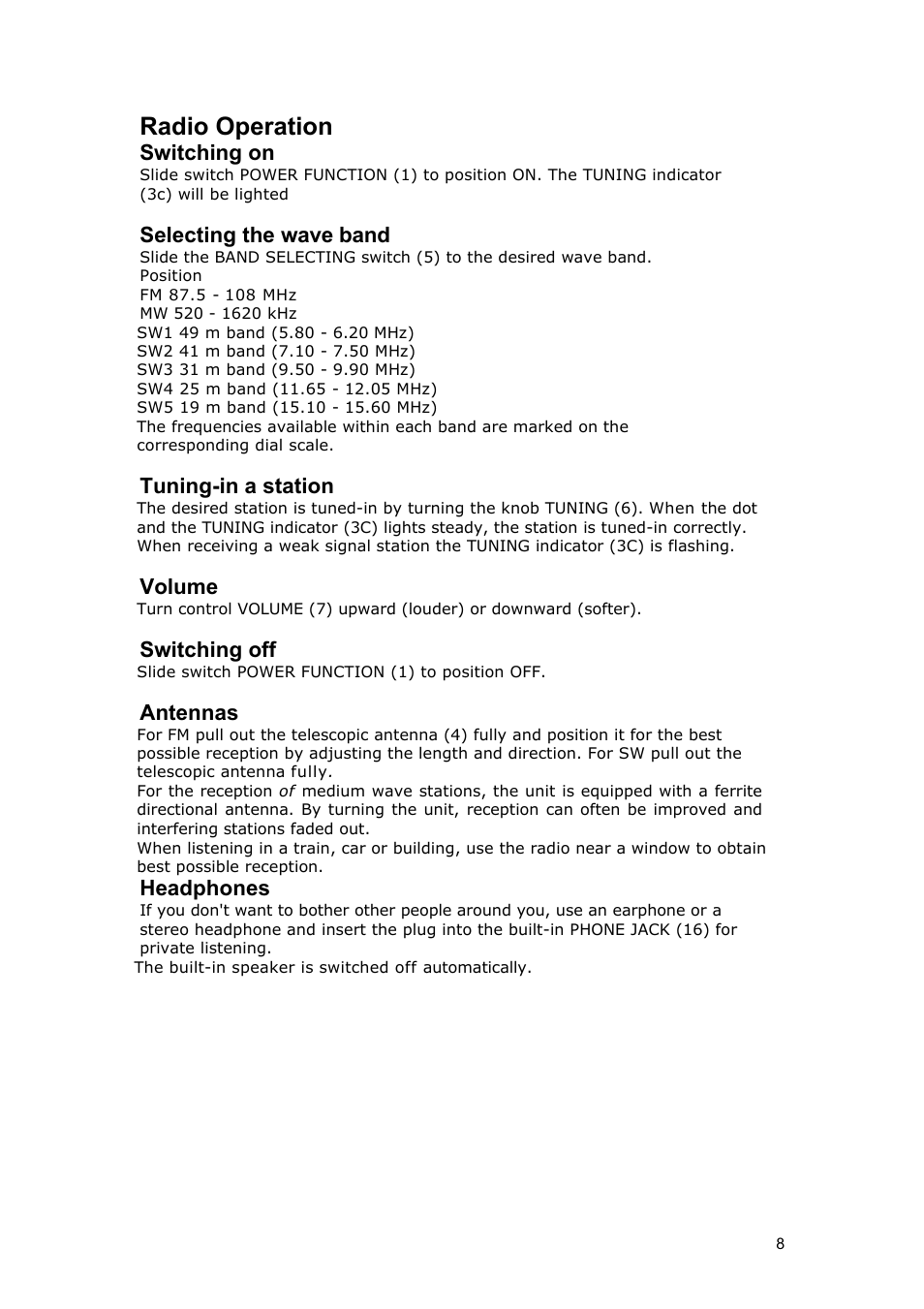 Radio operation, Switching on, Selecting the wave band | Tuning-in a station, Volume, Switching off, Antennas, Headphones | Grundig TRAVELLER II PE User Manual | Page 8 / 10