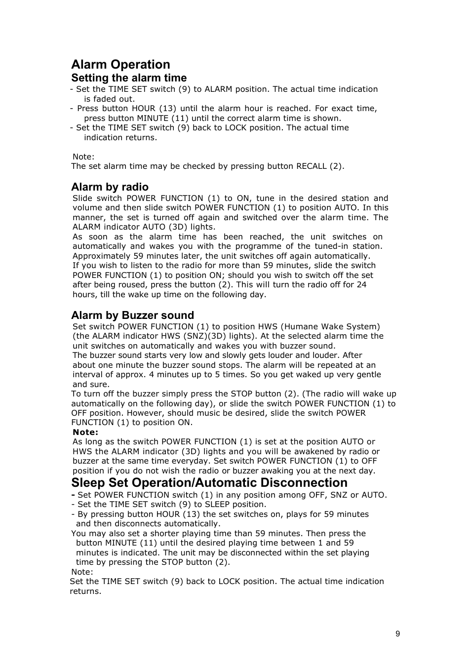 Alarm operation, Sleep set operation/automatic disconnection, Setting the alarm time | Alarm by radio, Alarm by buzzer sound | Grundig TRAVELLER II PE User Manual | Page 9 / 10