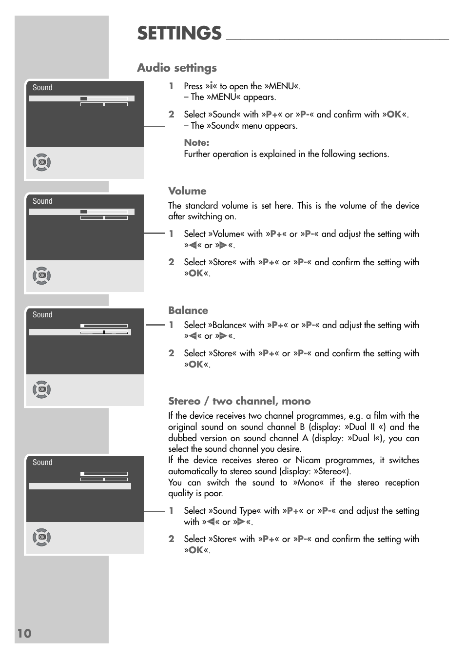 Settings, 10 audio settings, Volume | Balance, Stereo / two channel, mono | Grundig MFS 55-4601/8 User Manual | Page 10 / 28