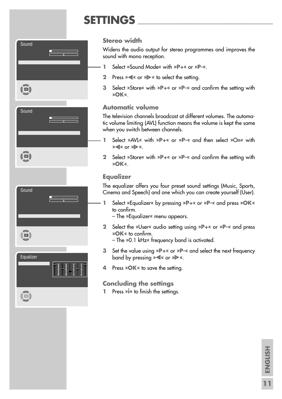 Settings, English, Stereo width | Automatic volume, Equalizer, Concluding the settings | Grundig MFS 55-4601/8 User Manual | Page 11 / 28