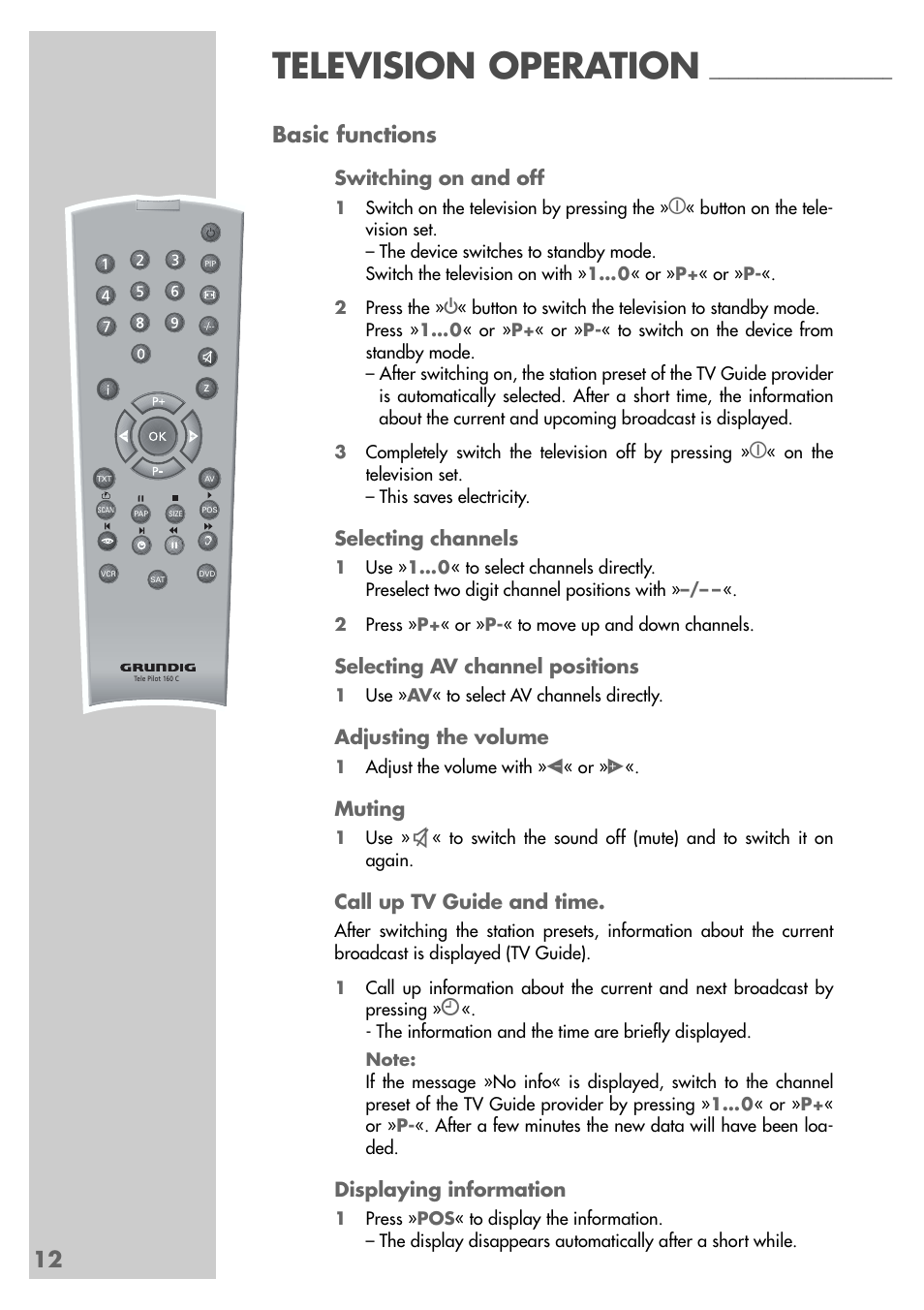 Television operation, 12 basic functions | Grundig MFS 55-4601/8 User Manual | Page 12 / 28