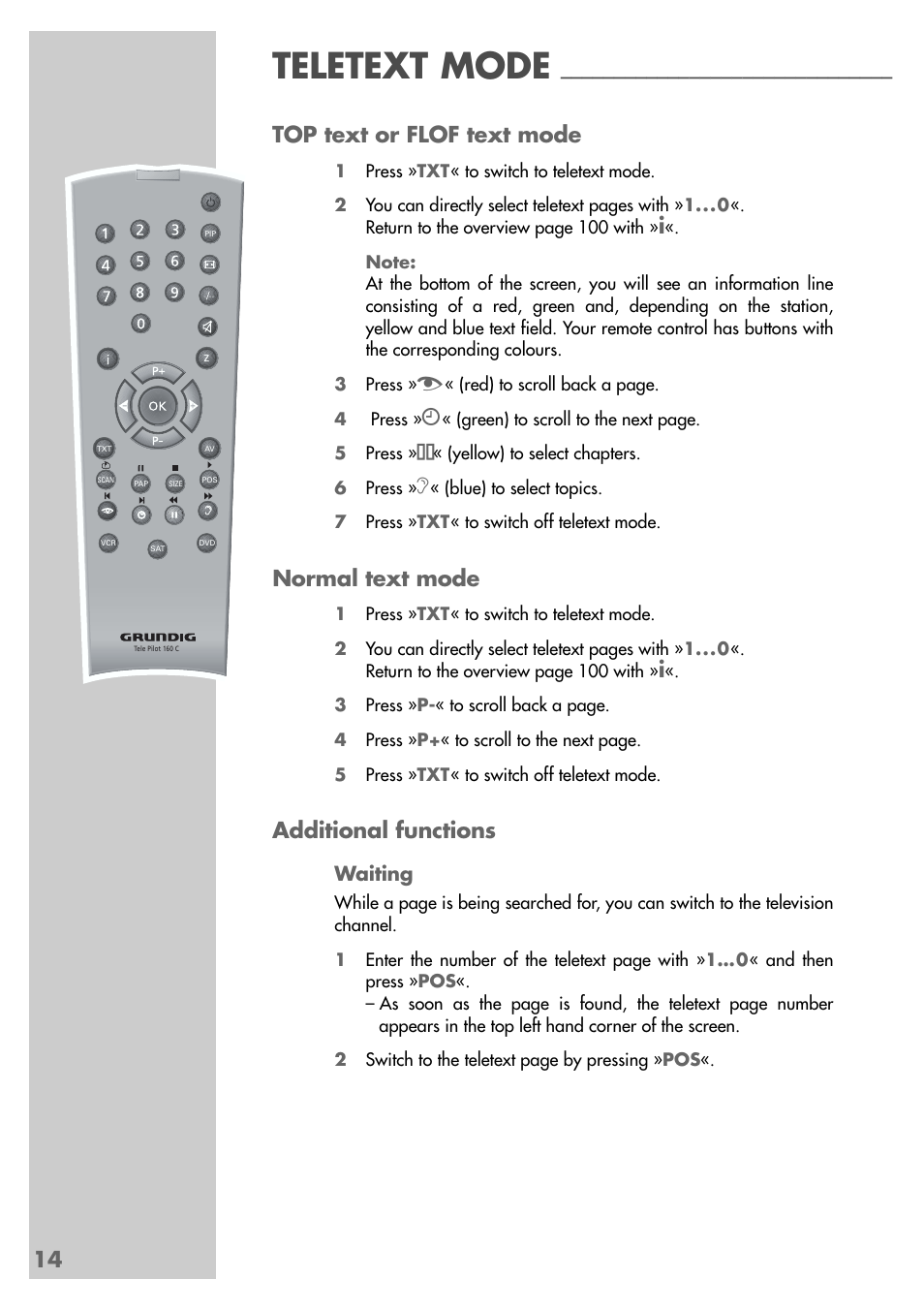 Teletext mode, 14 top text or flof text mode, Normal text mode | Additional functions | Grundig MFS 55-4601/8 User Manual | Page 14 / 28
