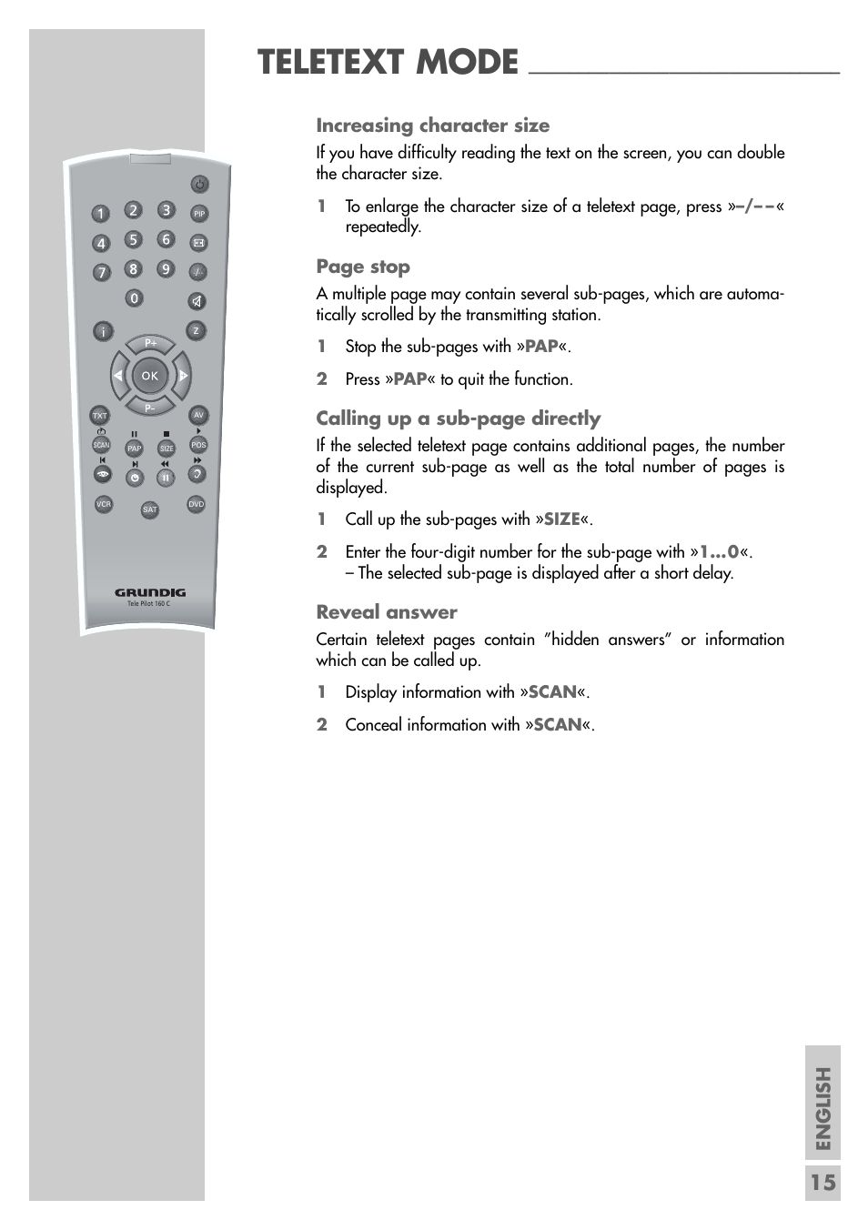 Teletext mode, English, Increasing character size | Page stop, Calling up a sub-page directly, Reveal answer | Grundig MFS 55-4601/8 User Manual | Page 15 / 28