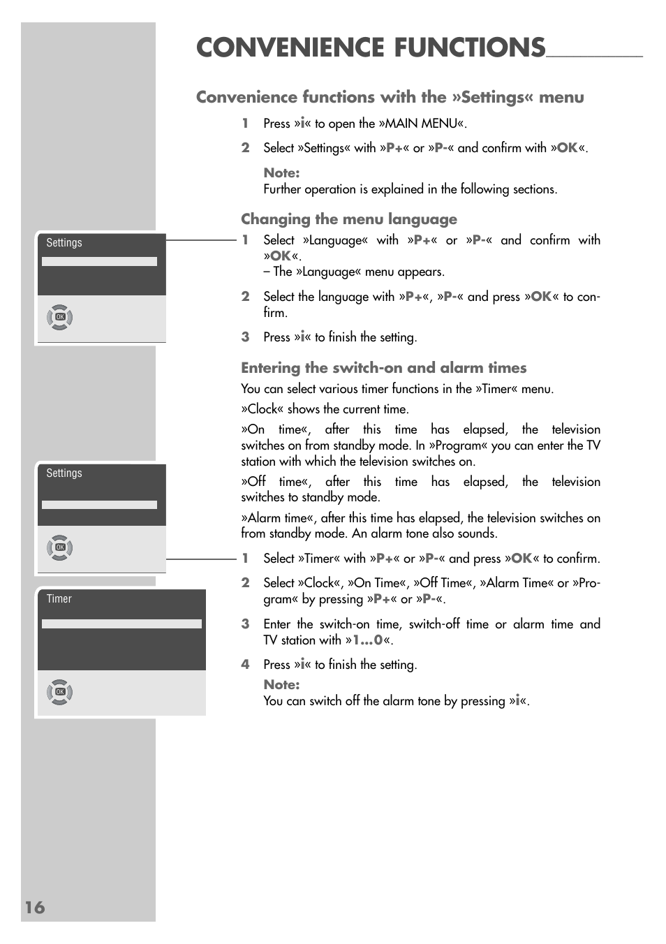 Convenience functions, 16 convenience functions with the »settings« menu, Changing the menu language | Entering the switch-on and alarm times | Grundig MFS 55-4601/8 User Manual | Page 16 / 28
