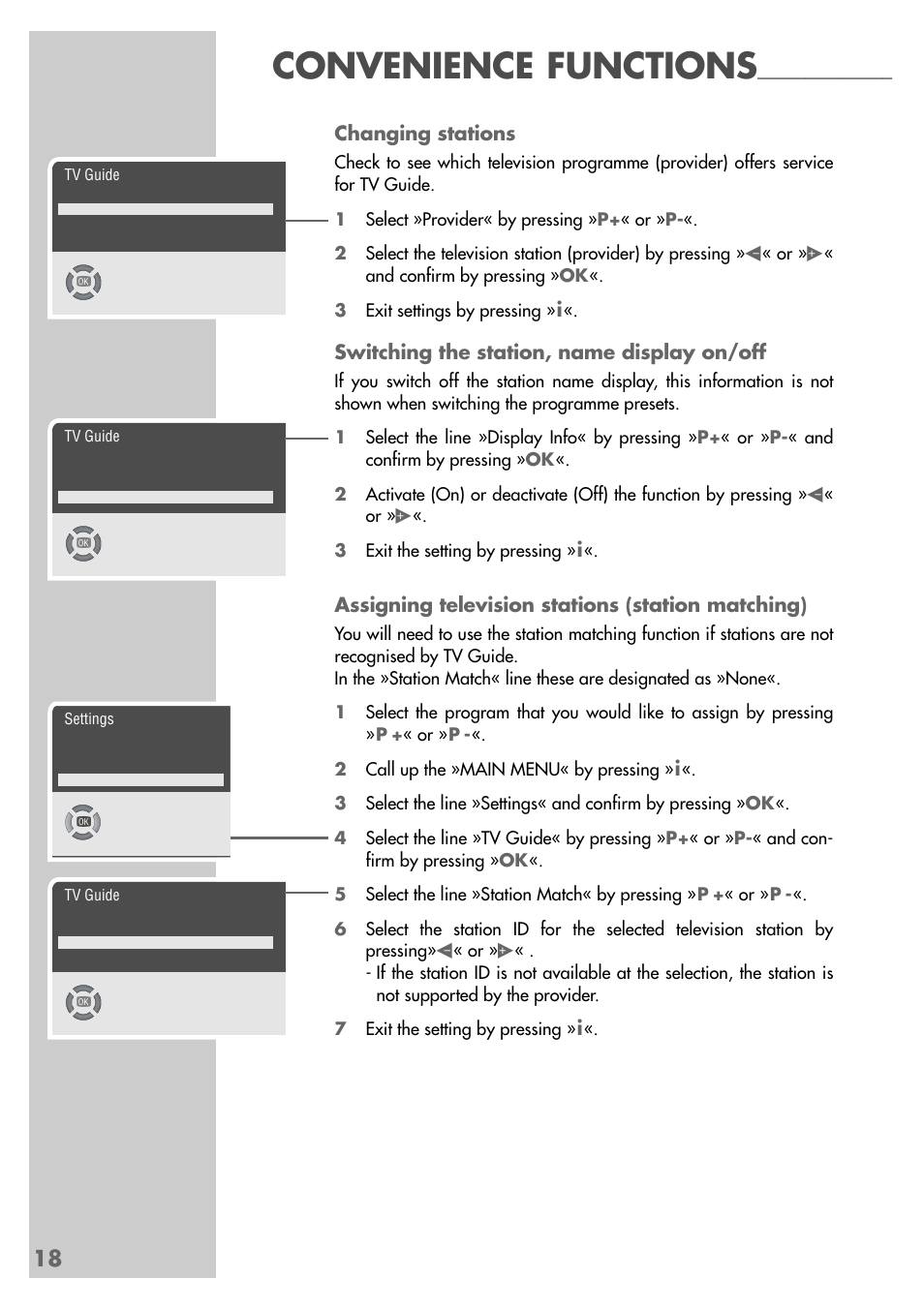 Convenience functions, Changing stations, Switching the station, name display on/off | Assigning television stations (station matching) | Grundig MFS 55-4601/8 User Manual | Page 18 / 28