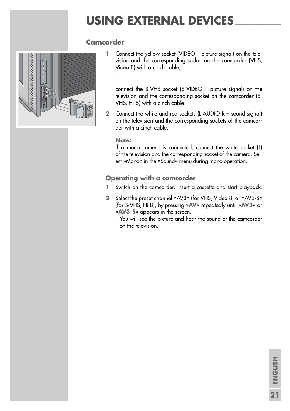Using external devices, 21 camcorder, English | Operating with a camcorder | Grundig MFS 55-4601/8 User Manual | Page 21 / 28