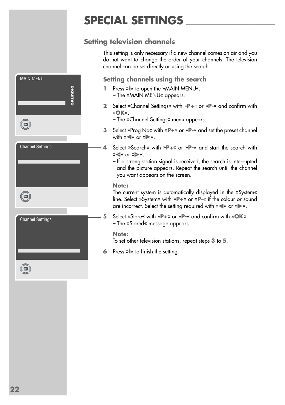 Special settings, 22 setting television channels, Setting channels using the search | Grundig MFS 55-4601/8 User Manual | Page 22 / 28