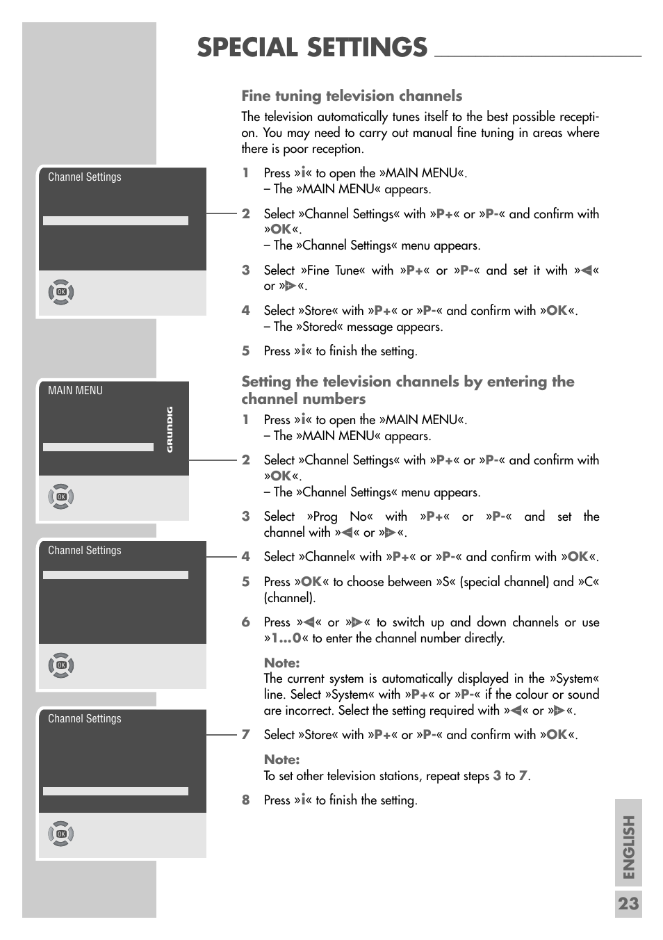 Special settings, English, Fine tuning television channels | Grundig MFS 55-4601/8 User Manual | Page 23 / 28