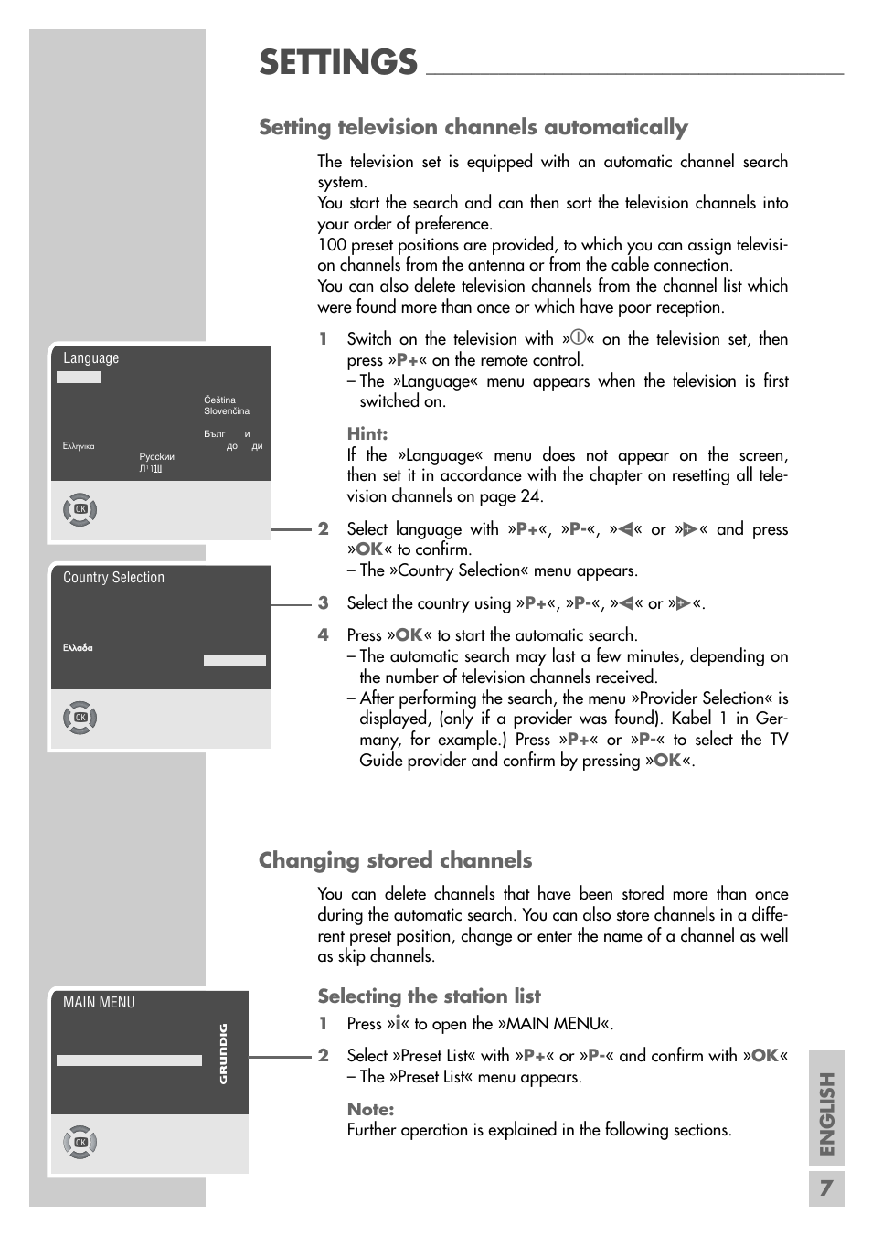 Settings, 7setting television channels automatically, Changing stored channels | English, Selecting the station list | Grundig MFS 55-4601/8 User Manual | Page 7 / 28