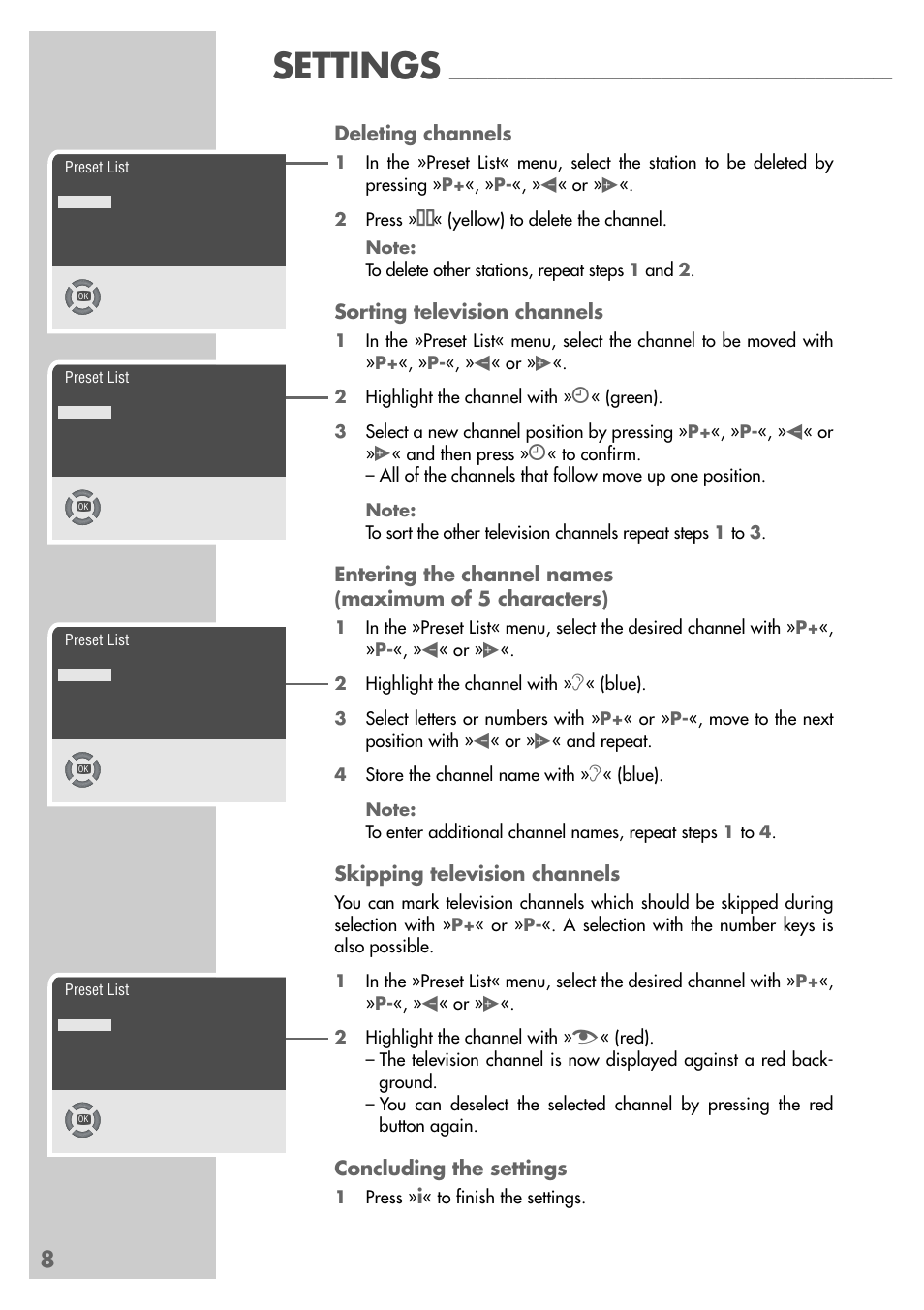 Settings, Deleting channels, Sorting television channels | Skipping television channels, Concluding the settings | Grundig MFS 55-4601/8 User Manual | Page 8 / 28