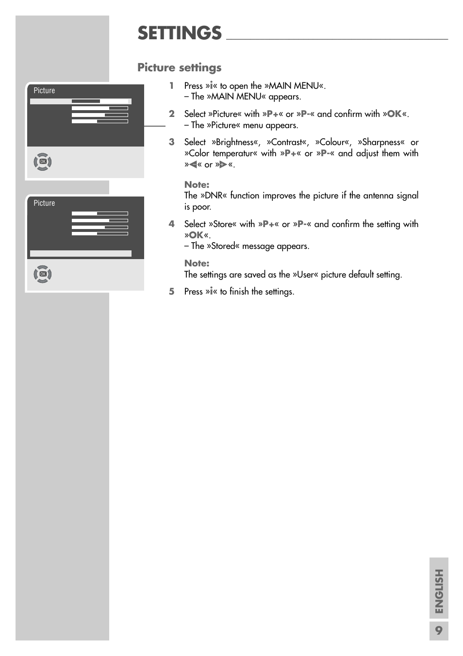 Settings, 9picture settings | Grundig MFS 55-4601/8 User Manual | Page 9 / 28