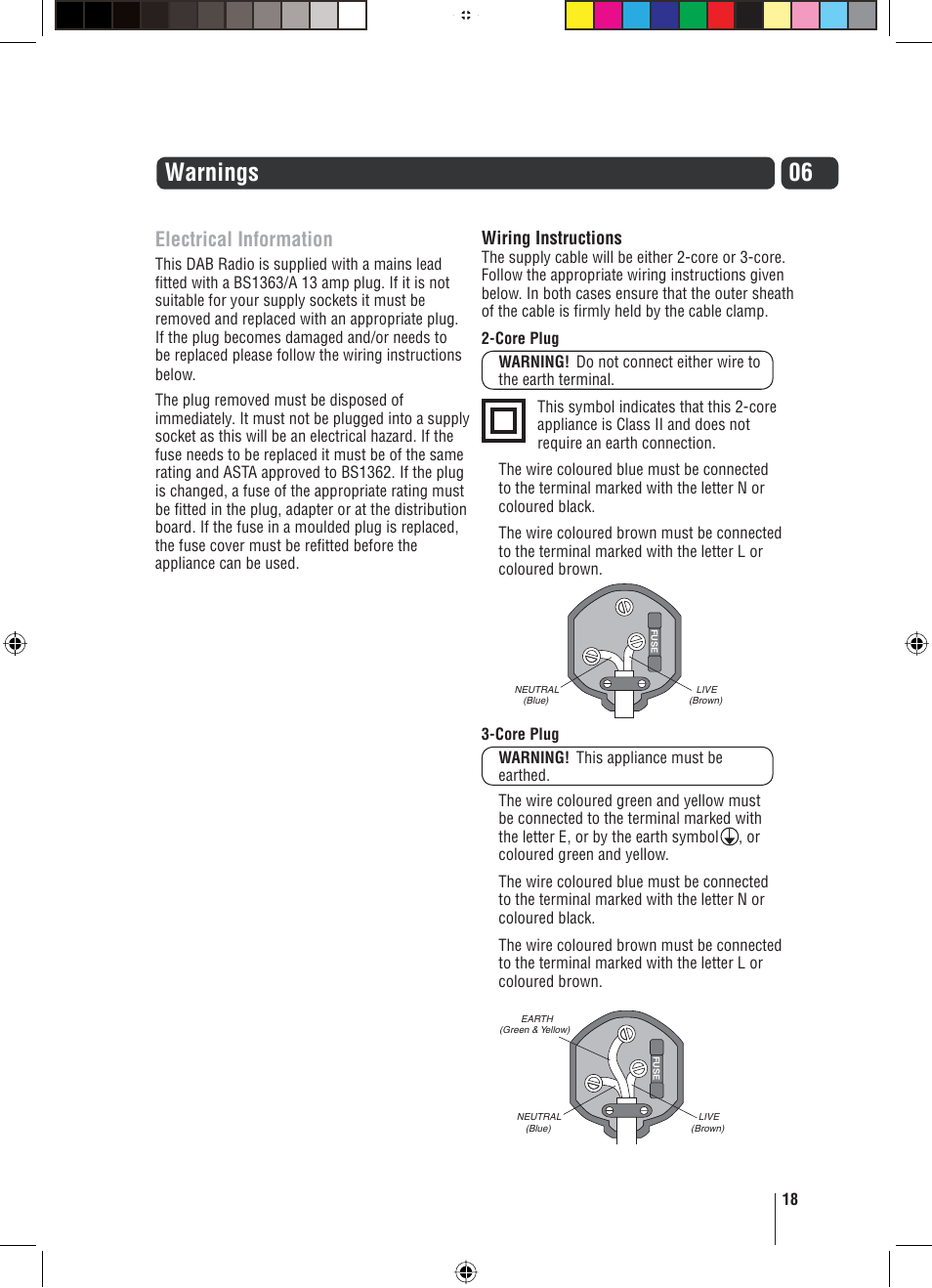 06 warnings, Electrical information, Wiring instructions | Grundig GUSR91DAB User Manual | Page 19 / 21