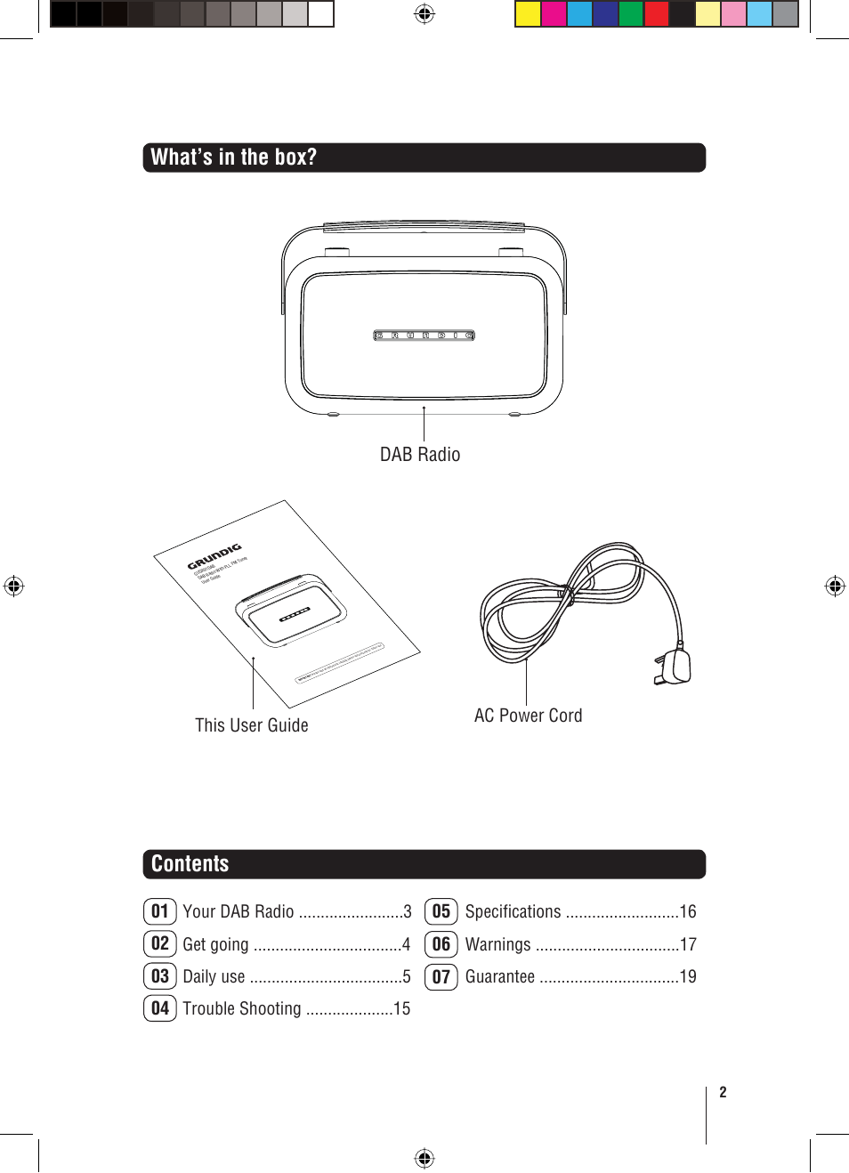 What’s in the box? contents, Dab radio, 06 this user guide ac power cord | Guarantee, Specifications | Grundig GUSR91DAB User Manual | Page 3 / 21