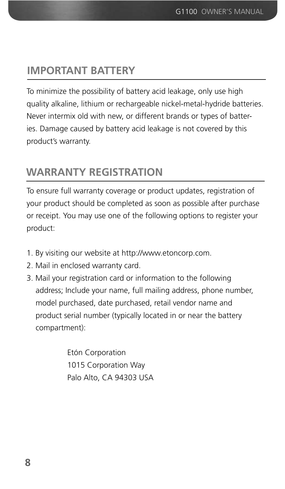 Important battery, Warranty registration | Grundig G1100 User Manual | Page 10 / 13