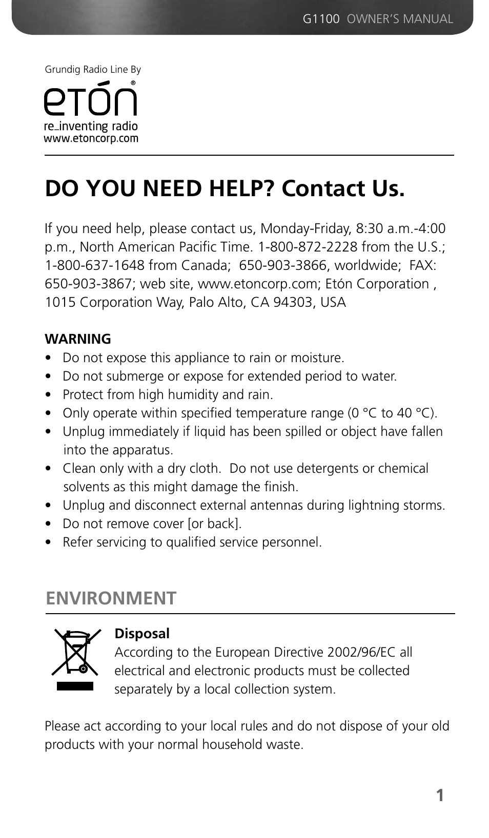 Do you need help? contact us, Environment | Grundig G1100 User Manual | Page 3 / 13