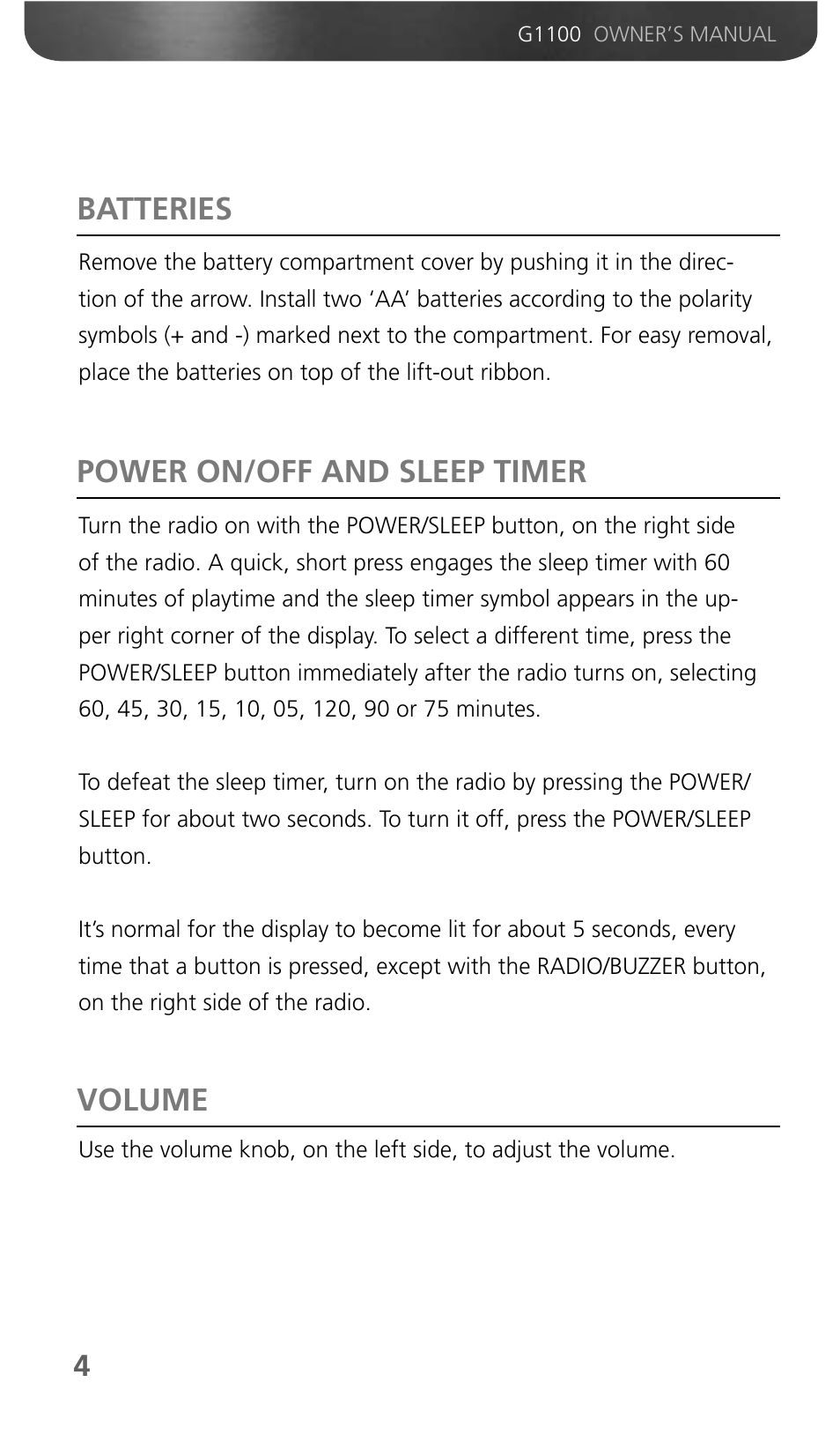 Batteries, Power on/off and sleep timer volume | Grundig G1100 User Manual | Page 6 / 13