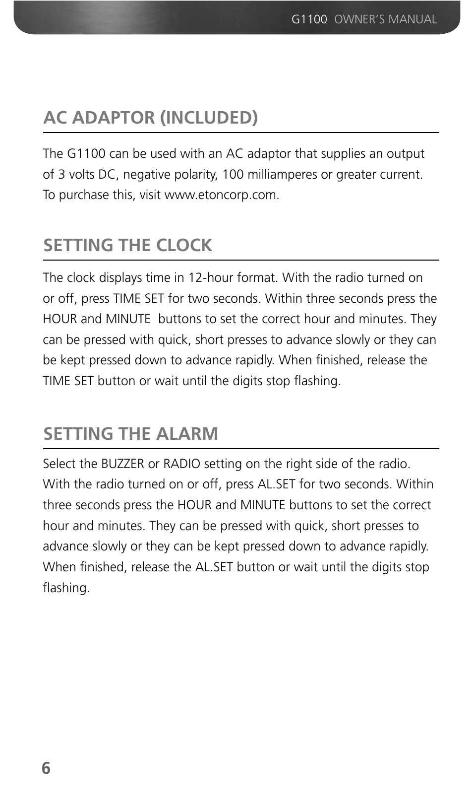 Ac adaptor (included), Setting the clock setting the alarm | Grundig G1100 User Manual | Page 8 / 13