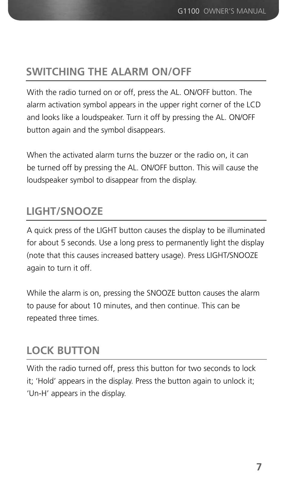 Switching the alarm on/off, Light/snooze lock button | Grundig G1100 User Manual | Page 9 / 13