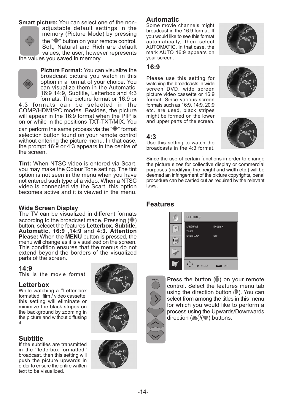 Automatic, Features, Letterbox | Subtitle | Grundig AMIRA32HDBLK User Manual | Page 14 / 22